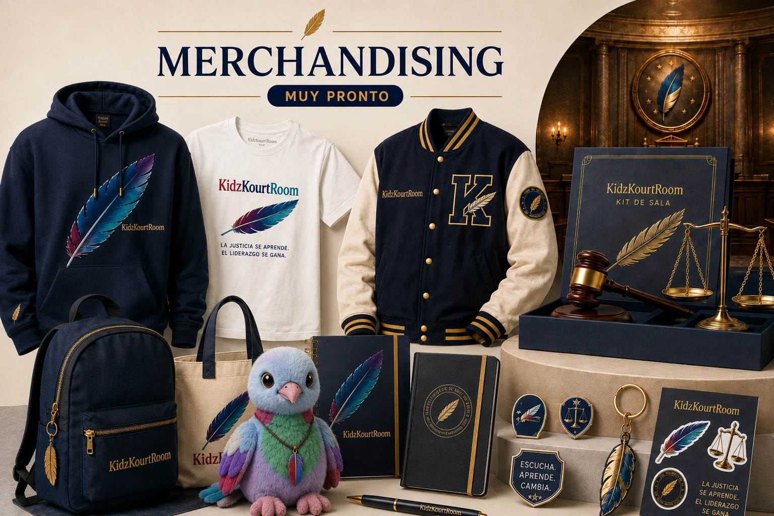 Concept preview of future KidzKourtRoom merchandise including youth apparel, bags, a Pippin plush, branded stationery, symbolic accessories and a courtroom kit.