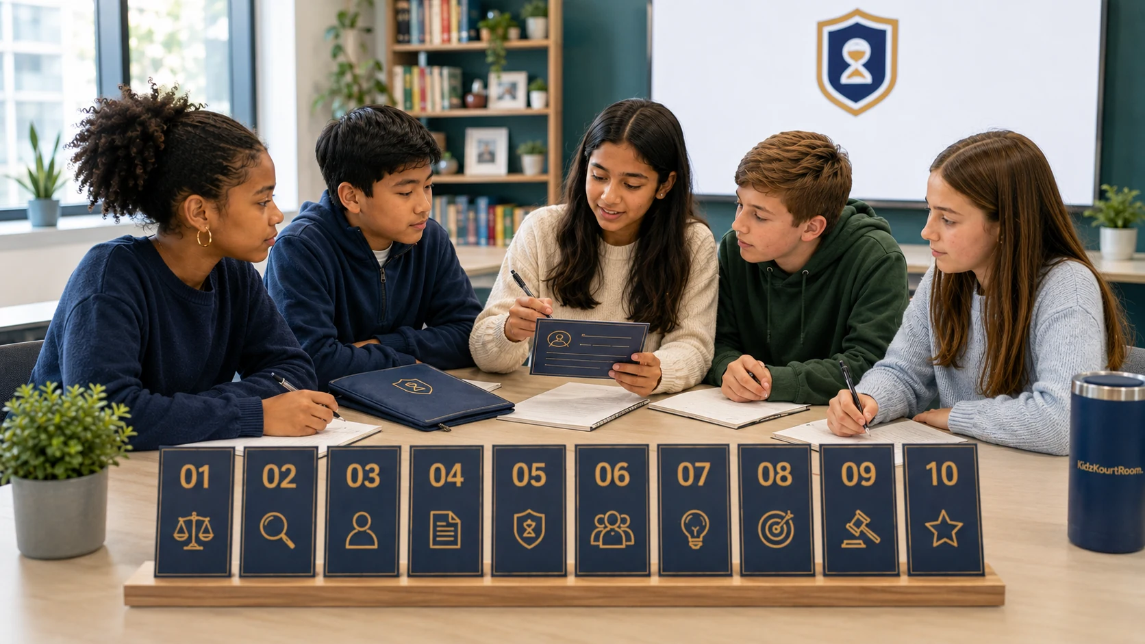 Five students work through ten structured fictional cases in a guided KidzKourtRoom leadership session.